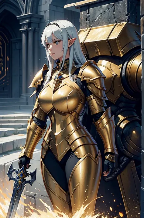 Woman in armor,  golden eyes, Silver Hair, pale skin, height 194 cm, standing with glaive, girl in armor, gorgeous female paladin, alluring elf princess knight, from line 2, Dressed in heavy armor, female paladin, picture of female paladin, female paladin ...