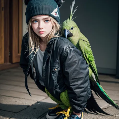 just an animal Green bird with black coat of American student, blue jeans, shoes black, wings, blush on cheek, lightning blue eyes, blue beanie, yellow neck and gray beak and messy hair