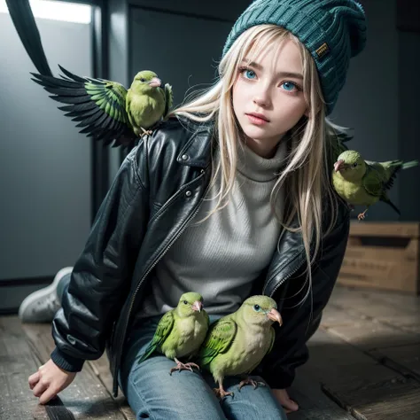 just an animal Green bird with black coat of American student, blue jeans, shoes black, wings, blush on cheek, lightning blue eyes, blue beanie, yellow neck and gray beak and messy hair