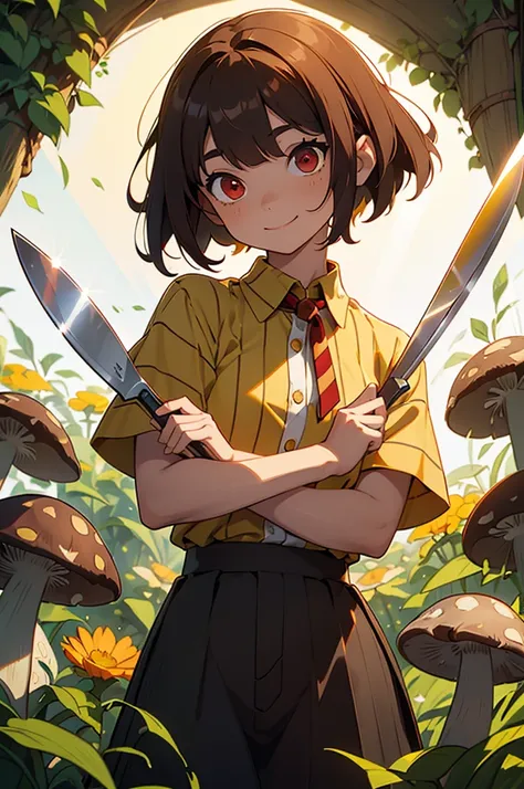 Red eyes, girl, holding a knife, greenish yellow striped shirt with thicker stripes, Red eyes brillando rojo, tilted head, short brown hair mushroom head, with a clear smile on his face, chara, two-dimensional, standing among golden flowers with a ray of l...