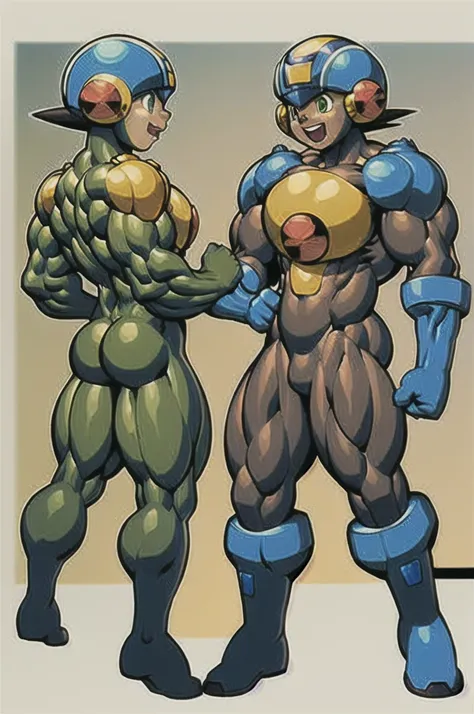 blue boots , yellow shoulder pads, blue helmet , Brown hair , green eyes, Blue suit, 1 boy, full body, masculine, muscular, happy, megaman ,muscle , bodybuilder  ,hypermuscle , human , boy , male , Pecs , Big , huge butt  , alone 