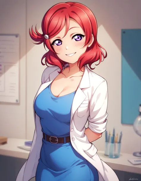 maki nishikino,solo,love live,highres,red hair , purple eyes,blush ,(cleavage:0.6) ,collarbone ,doctor ,infirmary ,lab coat , pe...