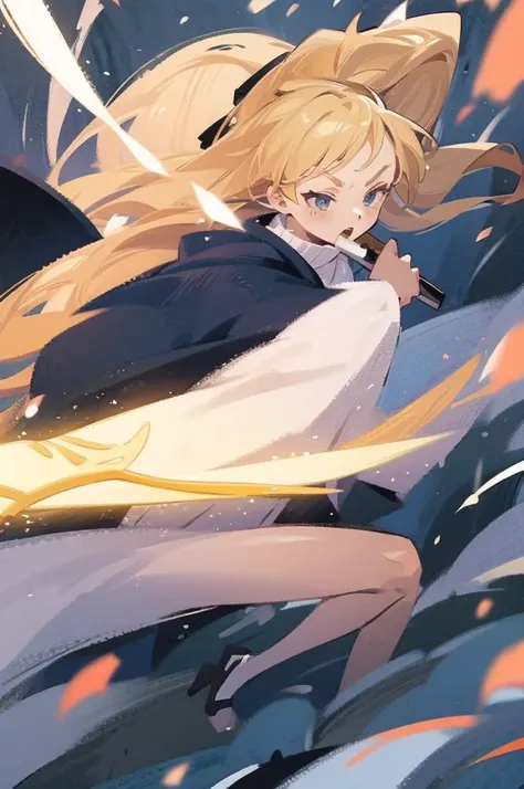 have a blonde waifu finishing an attack with a large samurai sword leaning forward and one leg forward too 