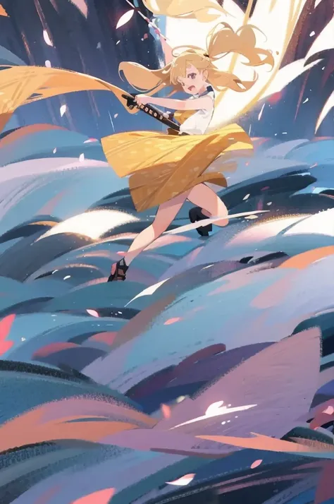 have a blonde waifu finishing an attack with a large samurai sword leaning forward and one leg forward too 