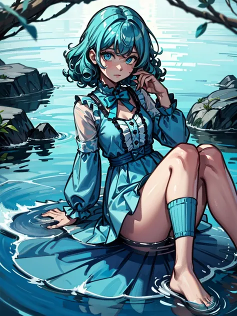 Girl，Cyan hair，curls，Water Element，Blue clothes，cute