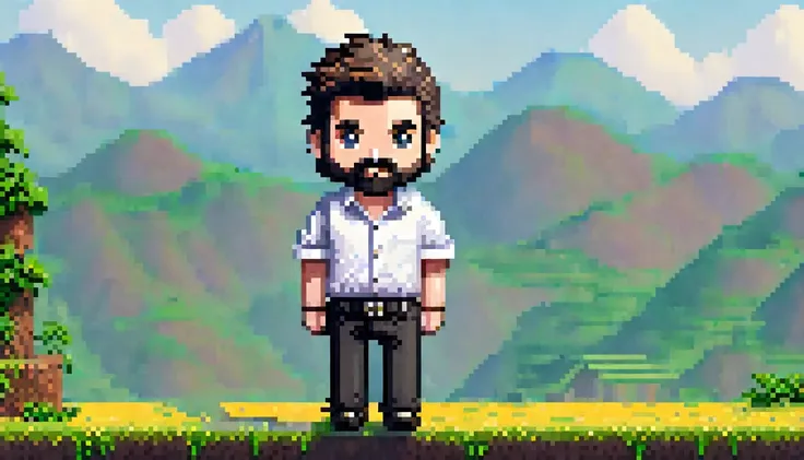 pixel art of a person, 8 bit game, character, cute! c4d, wearing: white shirt, black pant, beard