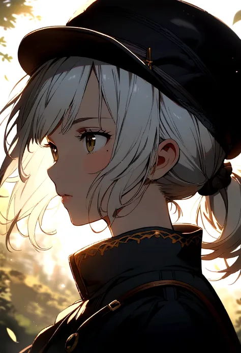 Girl, white hair, touko ponytail, hat, mole next to both eyes