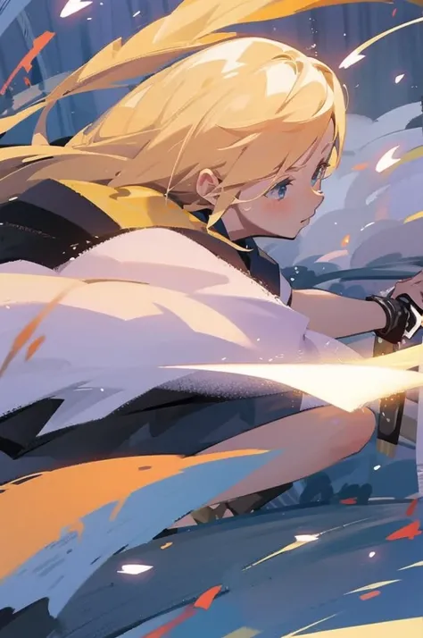 have a blonde waifu finishing an attack with a large samurai sword leaning forward and one leg forward too 