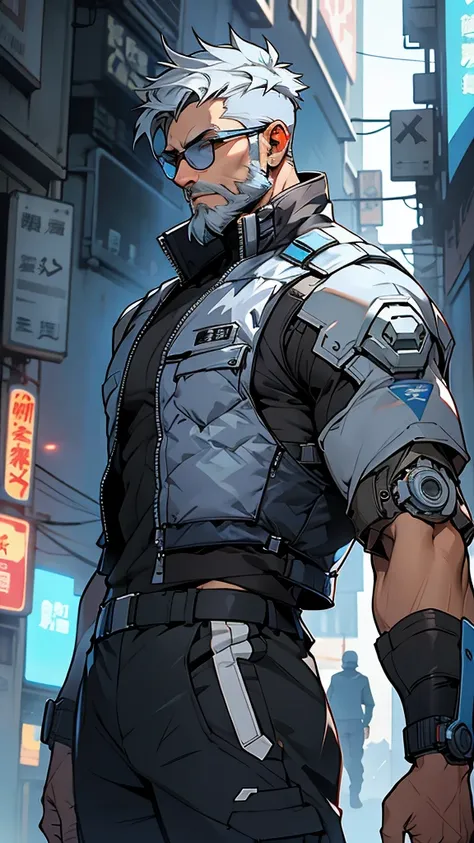 grey and blue mesh short hair、glasses、male、tactical vest、whole body、cyber punk、view here、front、beard