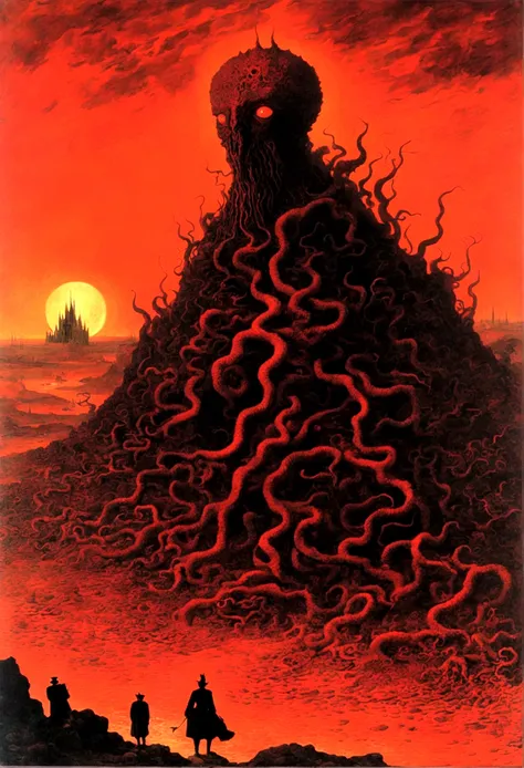 Mythical creatures, author：Zdzislaw Beksiński and Vincent Van Gogh, Album cover, romantic, Surrealism, Futuristic ,Satan, Coral, Wizard, Abstracted, dark, Red/Black, hell, landscape