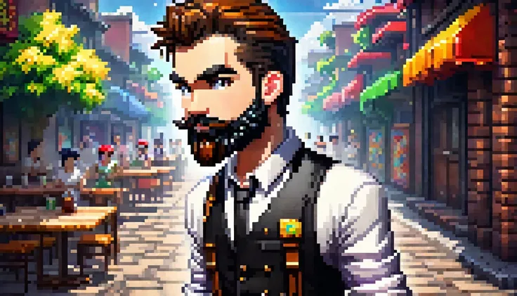 a cute 8 bit pixel art character, 1 person, wearing white shirt, black pants, detailed beard, pixelated, video game style, chara...