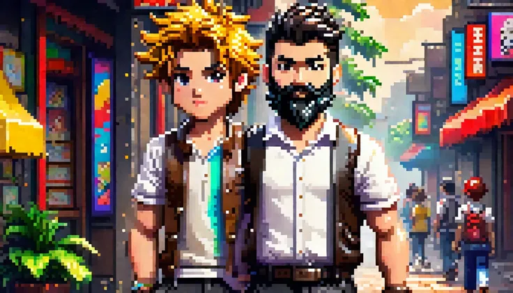 a cute 8 bit pixel art character, 1 person, wearing white shirt, black pants, detailed beard, pixelated, video game style, chara...