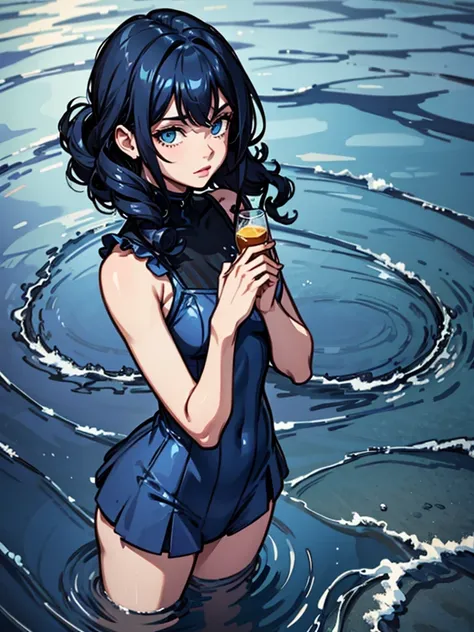 girl，Dark blue hair，curls，Water Element，Blue clothes，cute，Fair