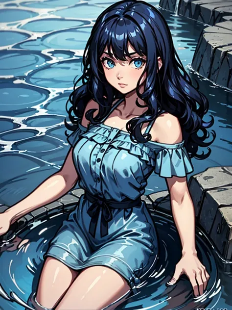 girl，Dark blue hair，curls，Water Element，Blue clothes，cute，Fair