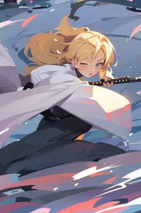 have a blonde waifu finishing an attack with a large samurai sword leaning forward and one leg forward too 