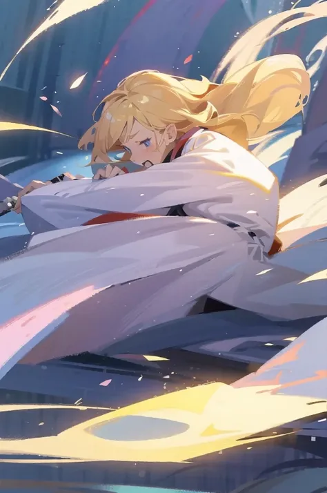 have a blonde waifu finishing an attack with a large samurai sword leaning forward and one leg forward too 