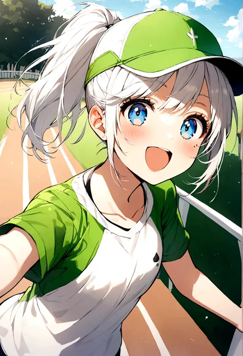 Girl, white hair, blue eyes, touko ponytail, hat, mole next to left and right eye, sports shirt, happy and energetic