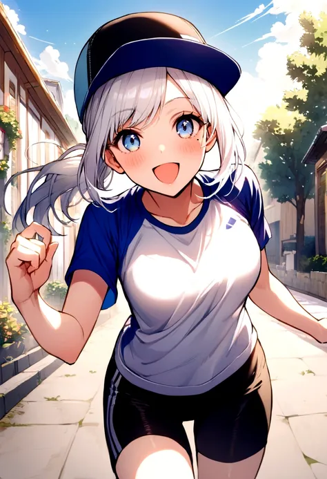 Girl, white hair, blue eyes, touko ponytail, hat, mole next to left and right eye, sports shirt, happy and energetic