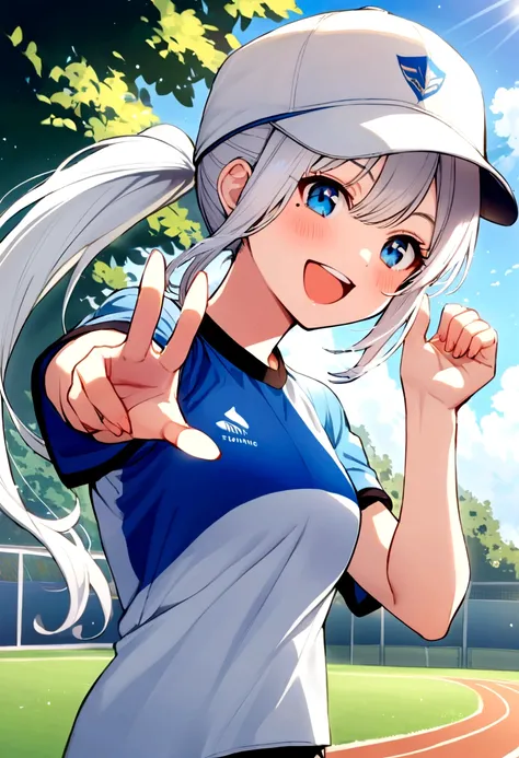 Girl, white hair, blue eyes, touko ponytail, hat, mole next to left and right eye, sports shirt, happy and energetic