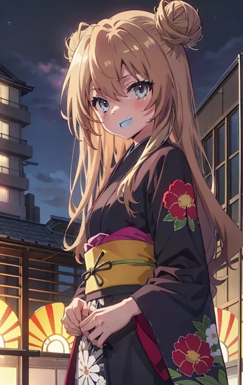 taiga aisaka, taiga aisaka, Long Hair, Brown Hair, Brown eyes,happy smile, smile, Open your mouth,Squint your eyes,Hair Bun, single  Hair Bun,Black kimono,Thick sleeves,日本のfestival,夏festivalの屋台,Red lantern,night,night空の花火,Fireworks,The place is a fireworks...