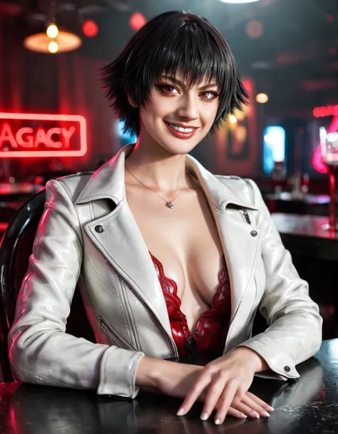 (best quality:1.2), lady (from devil may cry 5:1.1), perfect face, white jacket, sit in a chair, behind a table, in a dark agency background, "devil may cry" neon red written , night, alone, naughty smile
