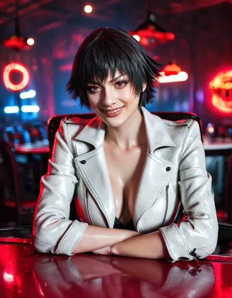 (best quality:1.2), lady (from devil may cry 5:1.1), perfect face, white jacket, sit in a chair, behind a table, in a dark agenc...