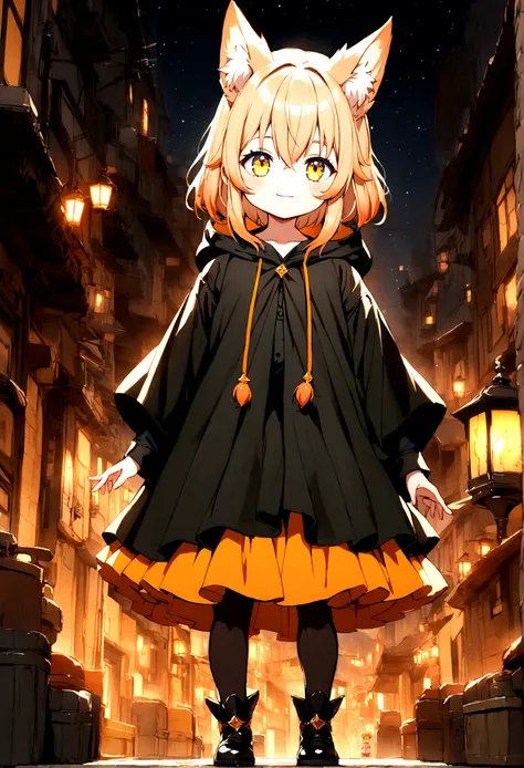 (vtubermodel:1.2) fullbody,1boy,child,black hood, beautiful orange hair, beautiful yellow eyes,fox ears,light smile