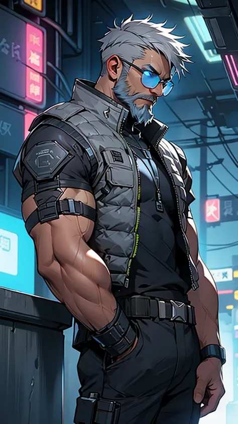 grey and blue mesh short hair、glasses、male、tactical vest、whole body、cyber punk、view here、front、beard