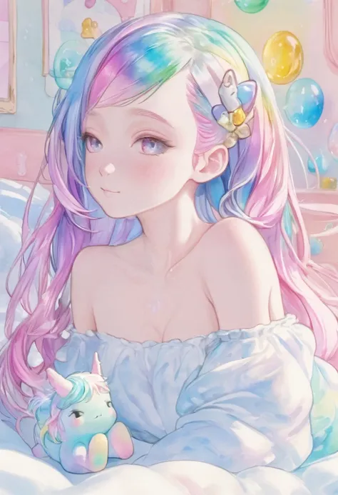 Dreamy, dreamy cute, Lilia, pale, Haze, (masterpiece, Highest quality, Highest quality, watercolor (Moderate), Upper Body, kiss, Lesbian, Lolita Fashion, pattern, break, (Rainbow Hair: 1.2), break, Soap bubble, Rainbow behind, cloud, colorful, Soap bubble,...