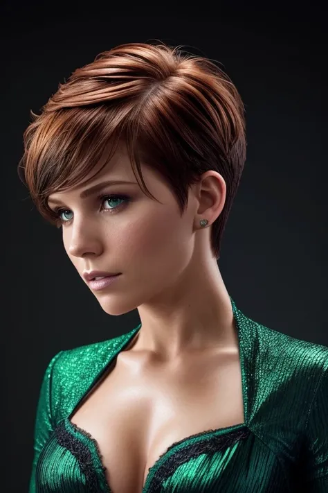 Gorgeous european woman with very short hair, short pixie hair with a fringe, wet hair, hair slicked back, combed straight back, slick hair, streaked auburn hair, seductive pose, sophia bush, dressed in a green anna from frozen costume, cleavage, solid dar...