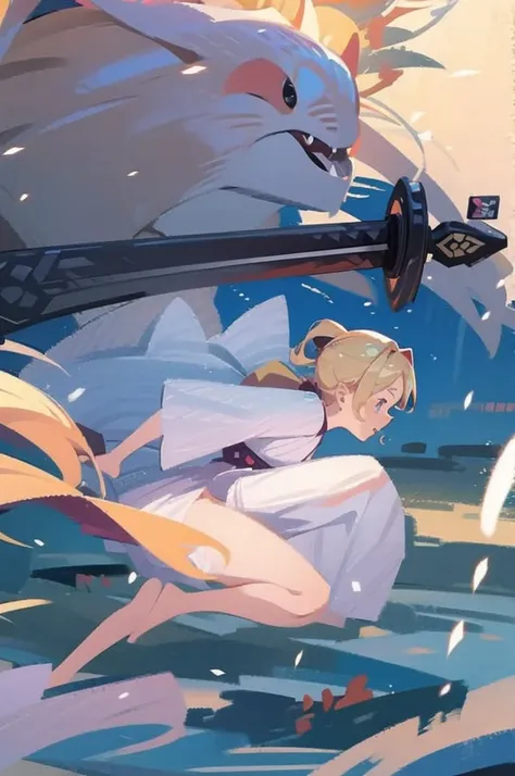 have a blonde waifu finishing an attack with a large samurai sword leaning forward and one leg forward too