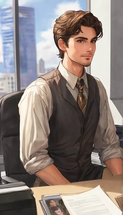 26 years old, male, human, adventurer, brown hair, brown eyes, inside an office, middle age era