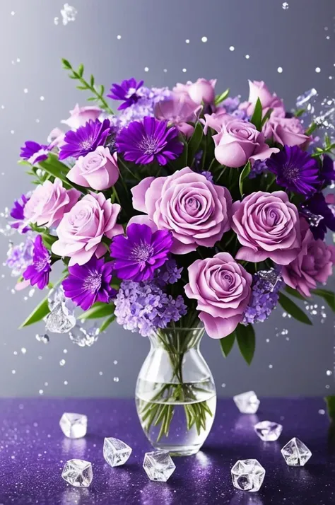 purple and white flowers in a vase with water droplets, dreamy aesthetic, 🌺 cgsociety, very aesthetic!!!!!!!!!!!!!!!, magical flowers, aesthetic ”, fantasy aesthetic!, beautiful flowers and crystals, very aesthetic!!!!!!, sailor moon aesthetic, nebulous bo...