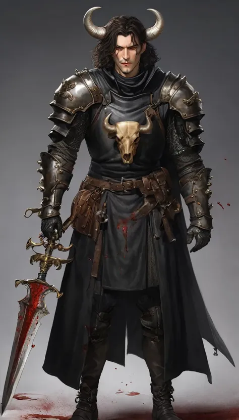 full body photo of a 1.80 meter man, black overcoat, long short hair, brown eyes, medieval armor with metal gloves with claws, has scars in the corner of his mouth and on his left eye, has a medieval sword. His left shoulder pad in the shape of a bulls sku...