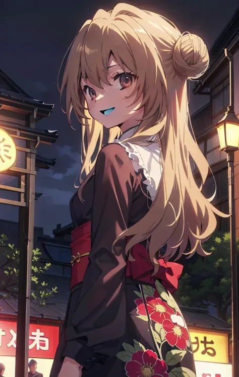 taiga aisaka, taiga aisaka, Long Hair, Brown Hair, Brown eyes,happy smile, smile, Open your mouth,Squint your eyes,Hair Bun, single  Hair Bun,Black kimono,Thick sleeves,日本のfestival,夏festivalの屋台,Red lantern,night,night空の花火,Fireworks,The place is a fireworks...