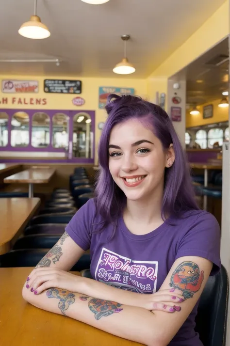 street photography photo of a young woman with purple hair, smile, happy, cute t-shirt, tattoos on her arms, sitting in a 50s diner 