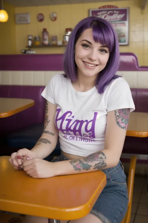 street photography photo of a young woman with purple hair, smile, happy, cute t-shirt, tattoos on her arms, sitting in a 50s diner 