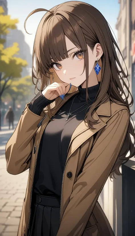 32k, Highest quality, 超High resolution, High resolution, 超High resolution, Highly detailed CG, unity 32k wallpaper, double,, , One Girl, Ahoge, bangs, black skirt, black sweater, Blue Claws, Blurred, Blurred background, chest, Brown eyes, Brown Hair, brown...