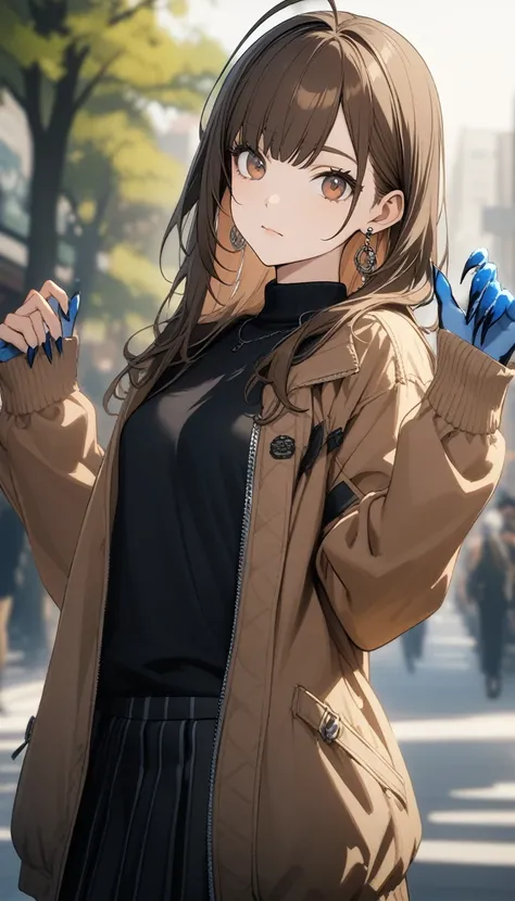 32k, Highest quality, 超High resolution, High resolution, 超High resolution, Highly detailed CG, unity 32k wallpaper, double,, , One Girl, Ahoge, bangs, black skirt, black sweater, Blue Claws, Blurred, Blurred background, chest, Brown eyes, Brown Hair, brown...