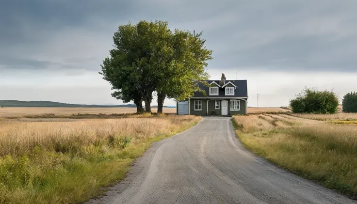 house, end of asphalt street, close to isolated open field, quiet day, no people in the environment