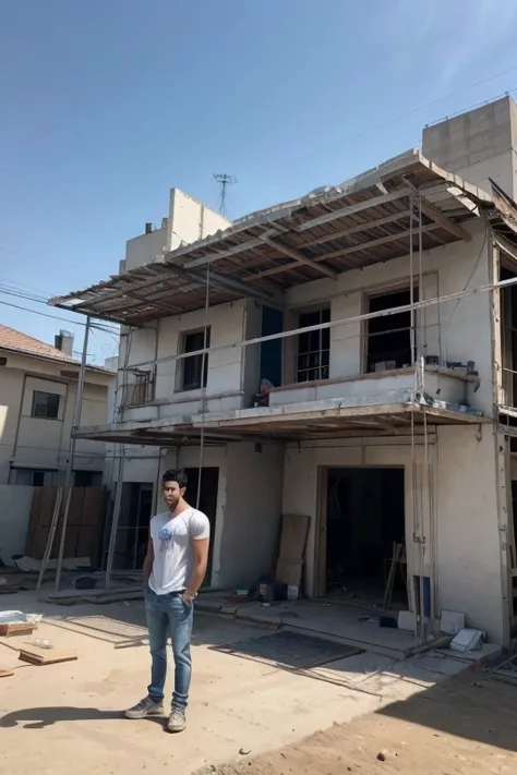 A house under construction, where several floors are being added, but the foundation of the house remains the same. 30-Year-Old Brazilian Man: The man is in the foreground, slightly to the right of the house under construction. He has short, slightly wavy ...