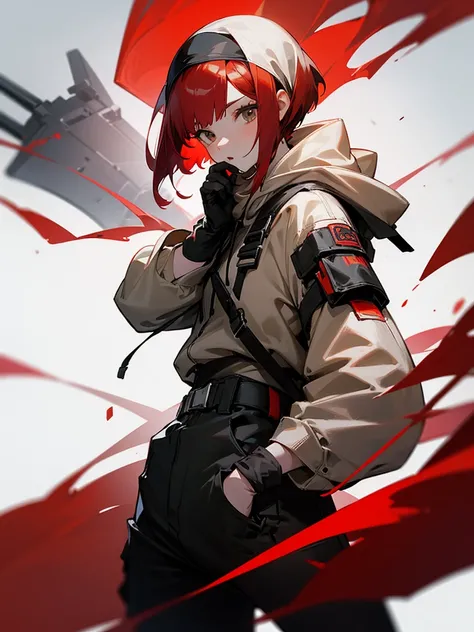 A girl with short red Bob style hair, white skin, light brown eyes, black gloves, black hoodie on head, black pants with straps, looking at the mobile phone in her hands