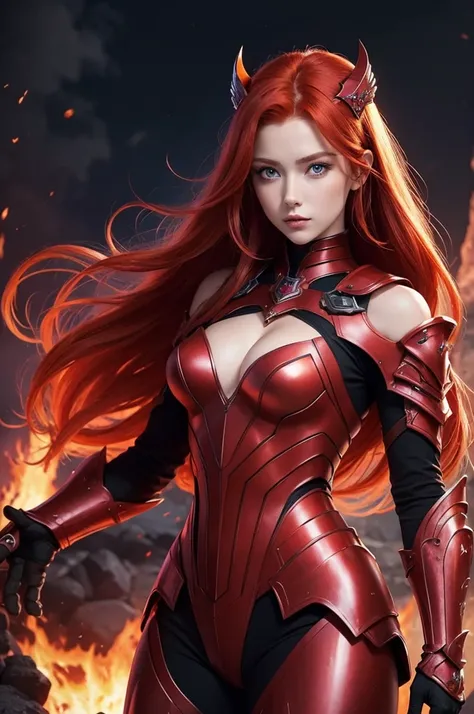 Wold of Craft character beautiful redhead queen of abnormal beauty eyes like fire a very beautiful body beyond normal her purple armor with left and right shoulder pads with lava movements and her long hair