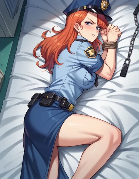 There is a woman in a police uniform, official, police official, (Yoshida Yuuko), relaxed police, Attire: cop, redhead woman, yoshida yuuko wearing a police uniform, high resolution commission, sheriff woman, Lois van Baarle y Rossdraws, bottomless, leotar...