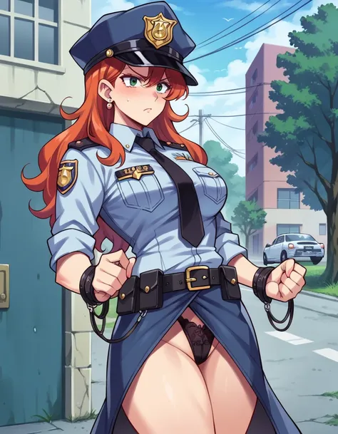 There is a woman in a police uniform, official, police official, (Yoshida Yuuko), relaxed police, Attire: cop, redhead woman, yoshida yuuko wearing a police uniform, high resolution commission, sheriff woman, Lois van Baarle y Rossdraws, bottomless, leotar...