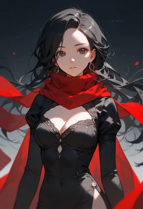 (score_9,score_8_up,score_7_up),1girl,girl, black long hair, black eyes, red scarf, ,black wool clothes,black dress,beautiful_face,