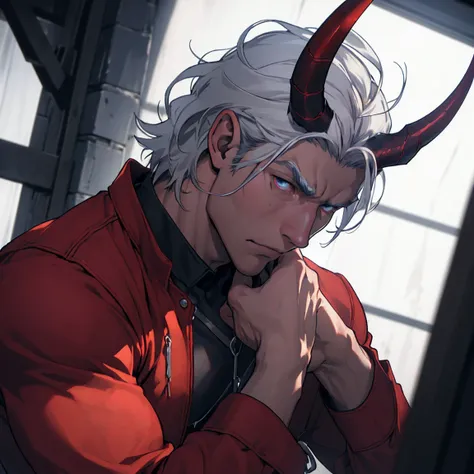 work of art,best qualityer,high resolution,cinematic lighting,dramatic angle, demon, naughty man, silver-haired, with 2 horns, y...