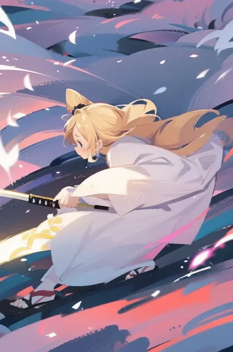 have a blonde waifu finishing an attack with a large samurai sword leaning forward and one leg forward too