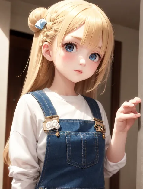 ((best qualityer)), ((work of art)), (detailded), 1 white girl, white blouse, Light brown bun hair, com a braid, and with a white bow, denim overalls, Youngh, blue colored eyes, a braid, rosy cheeks, shy, clear eyes 