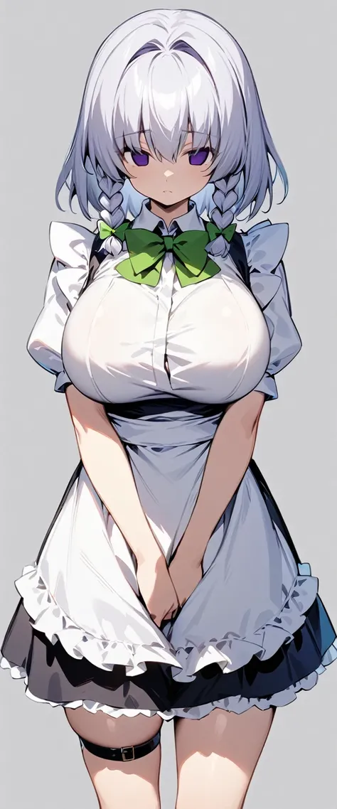 masterpiece, best quality, 1girl, solo, (adult proportions), sakuya izayoi, touhou, silver hair, medium hair, 2 front braids, green bows, purple eyes, solid eyes, white shirt, french maid outfit, leg belts, large breasts, standing, v arms, no background